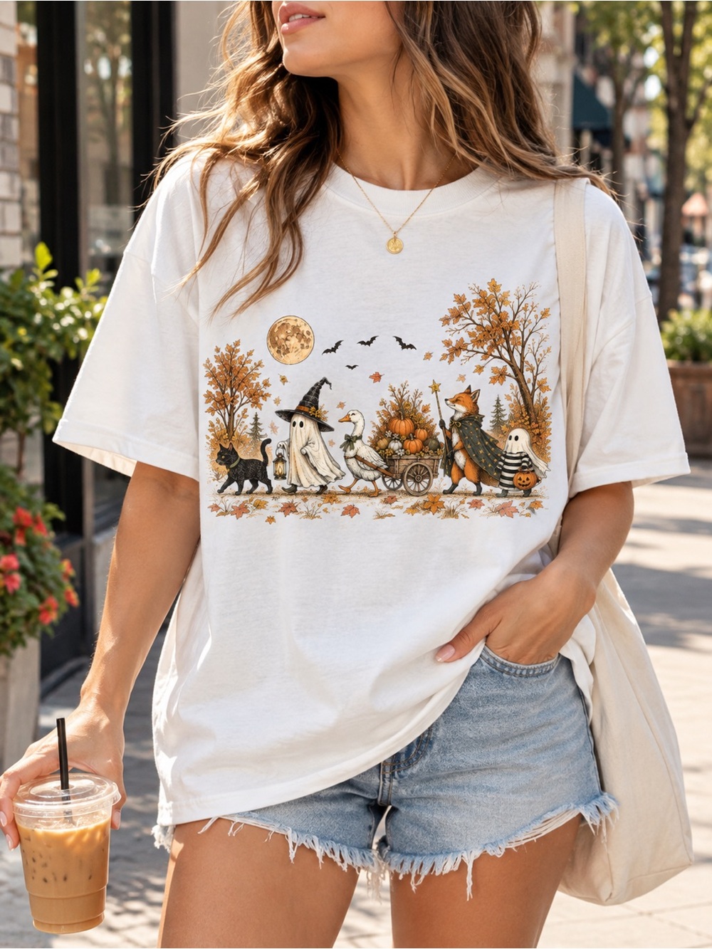 Autumn Woodland Animals Shirt Halloween Ghost Fox Gildan Graphic Tee